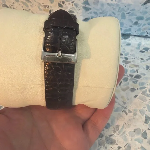 Anne Klein Floral Dial Watch Crystal Bezel Black Leather Strap - Picture 2 of 3